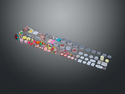 Various Colorful Food Items Arranged in a Row with Different Shapes and Sizes 3d model