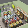 Birds Eye View of Modern Convenience Store Interior with Shelves of Fruits Beverages and Products