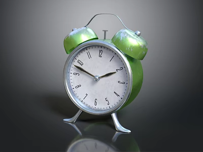 Vintage Green Alarm Clock with Double Bells Silver Stand and White Dial Clear Numbers 3d model