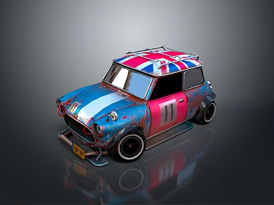 Rusty Small Car With Union Jack Stripes Number 11 And Black Wheels 3d model