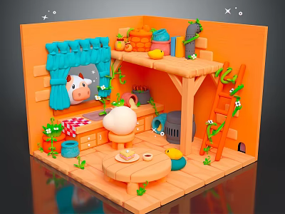 Cute Cartoon Indoor Scene With Blue Cow Curtain Wooden Shelves Round Table And Vine Plants 3d model