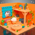 Cute Cartoon Indoor Scene With Blue Cow Curtain Wooden Shelves Round Table And Vine Plants