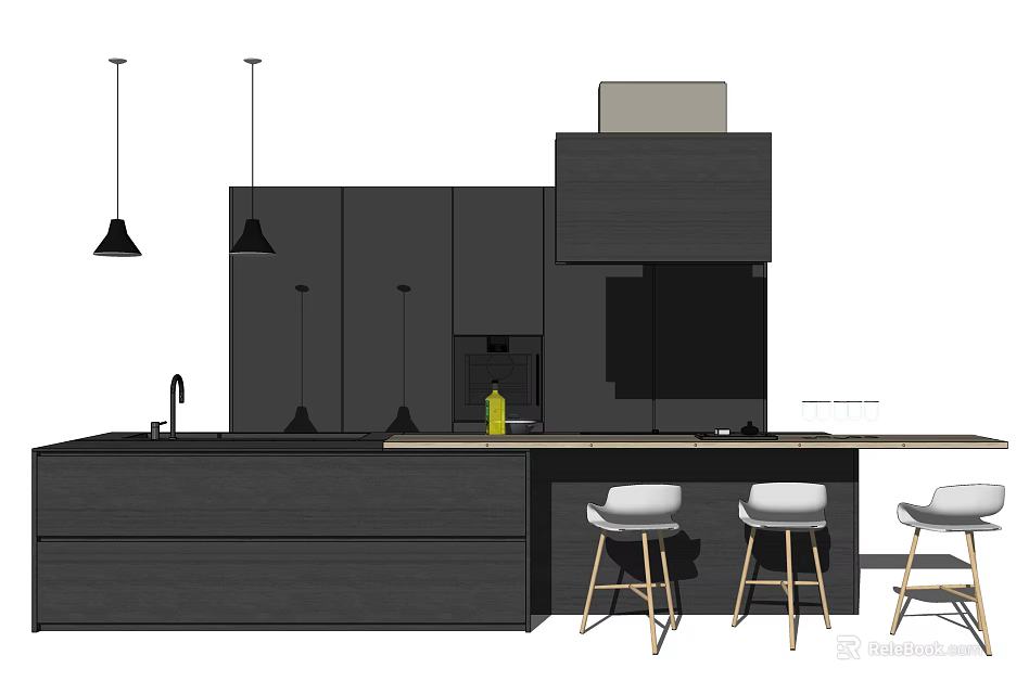 Modern Bar Counter Design With Black Cabinets Hanging Lights And Bar Stools 3d model 