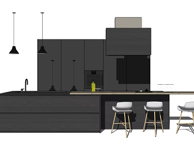 Modern Bar Counter Design With Black Cabinets Hanging Lights And Bar Stools 3d model