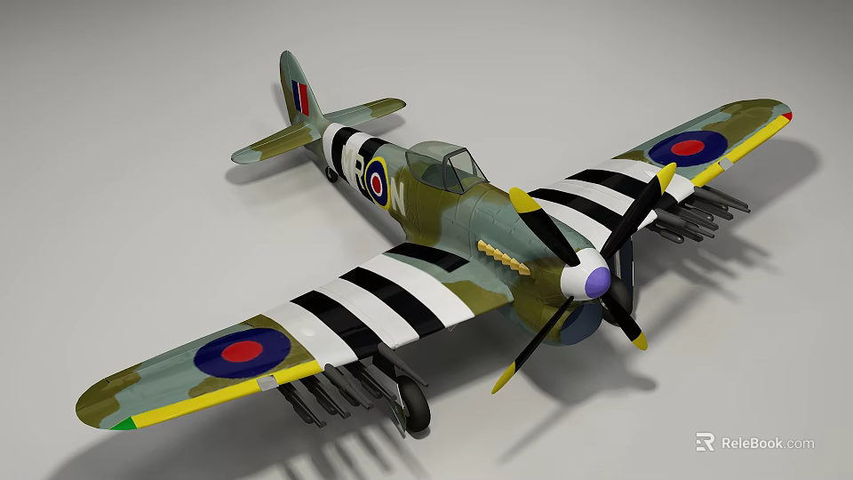 Classic Fighter Aircraft With Camouflage Paint Black White Striped Wings Red Blue Roundels And Propeller 3d model 
