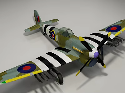 Classic Fighter Aircraft With Camouflage Paint Black White Striped Wings Red Blue Roundels And Propeller 3d model