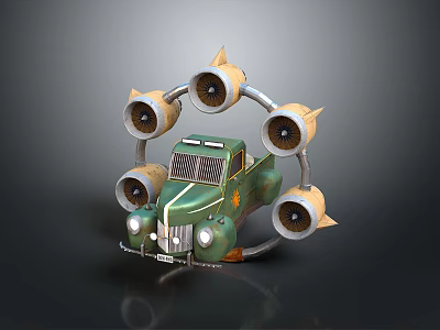 Vintage Styled Green Vehicle Model With Circular Turbine Engines And Front Grille Headlights 3d model