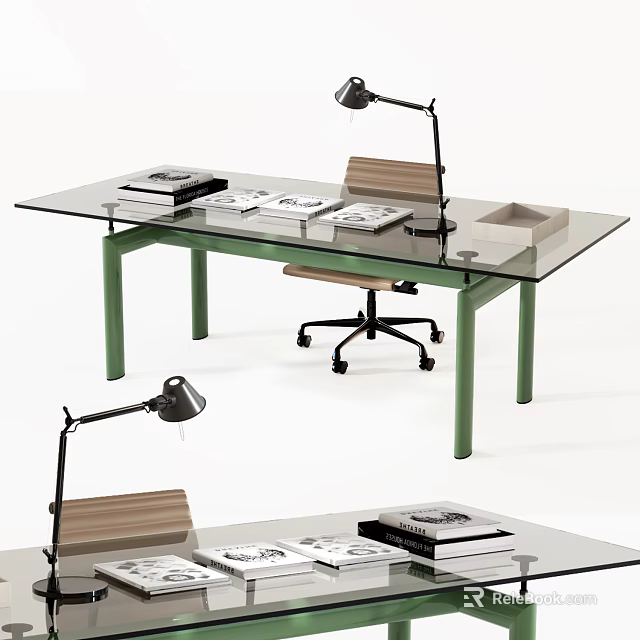 Glass Top Desk With Green Legs Wooden Chair Desk Lamp And Stacked Books 3d model 