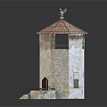 Weathered Beige Tower With Red Roof Eagle Decoration Small Window Arched Door And Stone Stairs 3d model