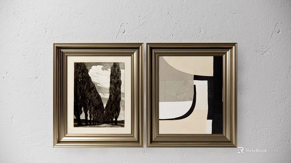 Golden Framed Wall Art Two Pictures With Black White Tree And Abstract Geometric Design 3d model 