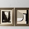 Golden Framed Wall Art Two Pictures With Black White Tree And Abstract Geometric Design