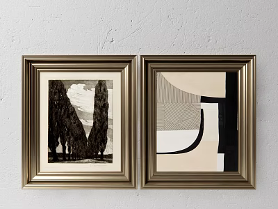 Golden Framed Wall Art Two Pictures With Black White Tree And Abstract Geometric Design 3d model