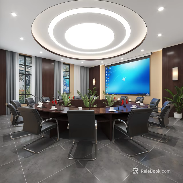 Modern Conference Room Interior With Round Table Black Chairs Large Blue Display And Green Plants 3d model 