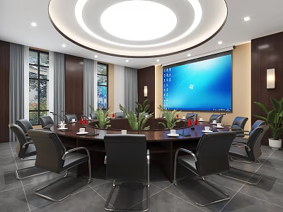 Modern Conference Room Interior With Round Table Black Chairs Large Blue Display And Green Plants 3d model