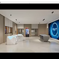 High Tech Modern Exhibition Hall With Large Blue Screen Industrial System And White Tables