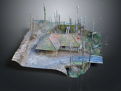 Modern Model Scene Featuring Cottage With Red Tile Roof Bare Trees Stone Wall And Path 3d model