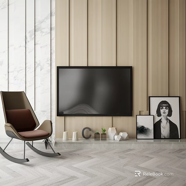 Modern Living Room Wall Mounted TV With Wooden Panel Wall Rocking Chair And Decorative Artworks 3d model 