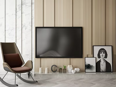 Modern Living Room Wall Mounted TV With Wooden Panel Wall Rocking Chair And Decorative Artworks 3d model