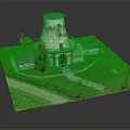 Rural Self-built House With White Tower-like Main Building Blue Roof Auxiliary Buildings Green Lawn And Pathway
