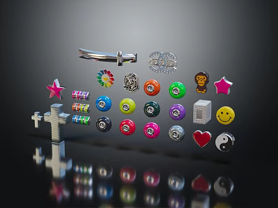 Assorted Small Decorative Items With Star Cross Smiley Face Colorful Badges Key And Gear 3d model
