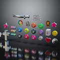 Assorted Small Decorative Items With Star Cross Smiley Face Colorful Badges Key And Gear