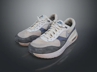 Worn Beige And Gray Casual Sneakers With White Laces And Mesh Design 3d model