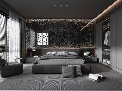 Modern Minimalist Bedroom Interior With Dark Marble Wall Large Bed Floor-to-Ceiling Windows And Wardrobe 3d model