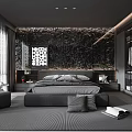 Modern Minimalist Bedroom Interior With Dark Marble Wall Large Bed Floor-to-Ceiling Windows And Wardrobe