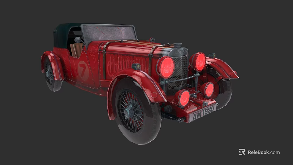 Red Vintage Convertible Car With Classic Body Round Headlights And Retro Design 3d model 