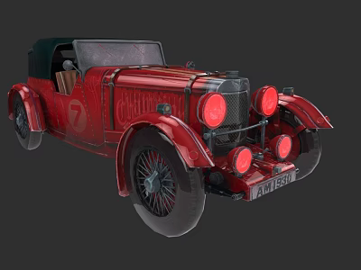Red Vintage Convertible Car With Classic Body Round Headlights And Retro Design 3d model