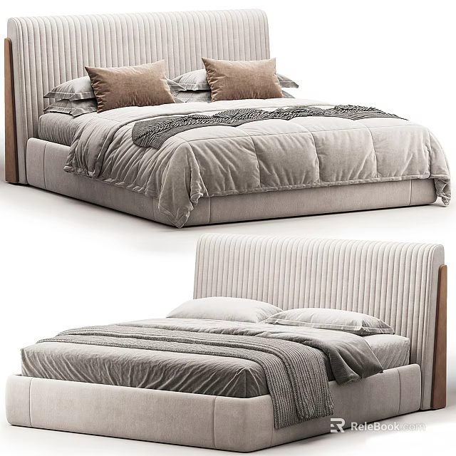 Modern Double Bed With Upholstered Headboard Gray Bedding And Soft Pillows 3d model 