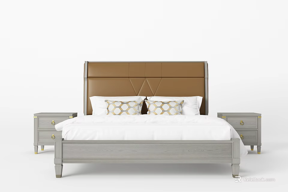 Double Bed With Brown Diamond Pattern Headboard Light Gray Frame Side Tables And White Bedding 3d model