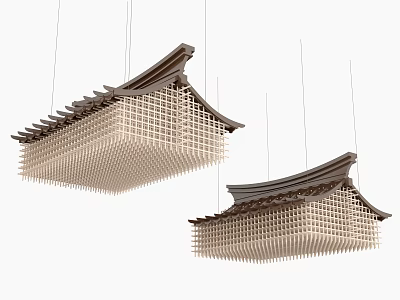 Two Chinese Style Hanging Chandeliers With Traditional Roof And Grid Structure 3d model
