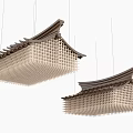 Two Chinese Style Hanging Chandeliers With Traditional Roof And Grid Structure