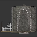 Ancient Stone Building with Arched Doorway and Damaged Roof on Wooden Base with Decorative Pedestals