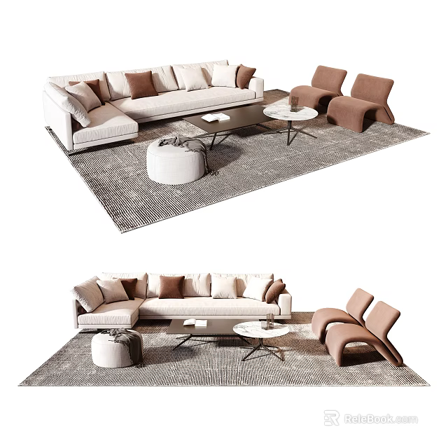 Modern Sofa And Coffee Table Set With Accent Chairs And Area Rug Design 3d model