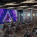 Dynamic Fitness Studio With Spin Bikes Large Screen Colorful Lighting And Arrow Signs