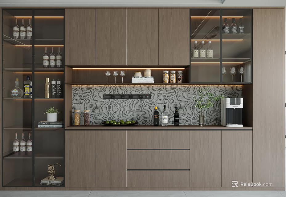 Modern Wooden Wine Cabinet With Glass Doors Wine Bottles Glasses And Marble Backsplash 3d model 