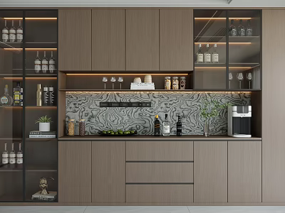 Modern Wooden Wine Cabinet With Glass Doors Wine Bottles Glasses And Marble Backsplash 3d model