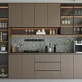 Modern Wooden Wine Cabinet With Glass Doors Wine Bottles Glasses And Marble Backsplash