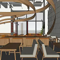 Modern Tea House Interior With Curved Wooden Structures Circular Bar Round Tables And Yellow Chairs