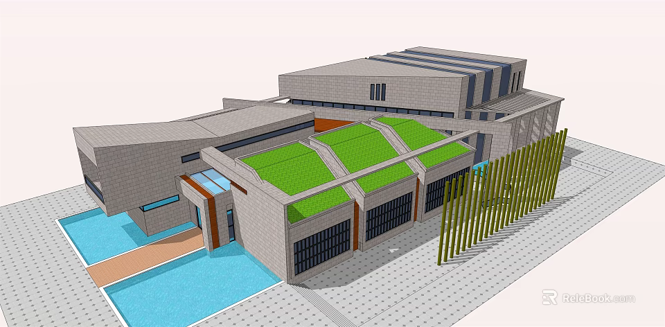 Modern Building With Gray Stone Exterior Green Roof Water Pool Glass Elements And Vertical Grilles 3d model 
