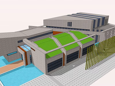 Modern Building With Gray Stone Exterior Green Roof Water Pool Glass Elements And Vertical Grilles 3d model