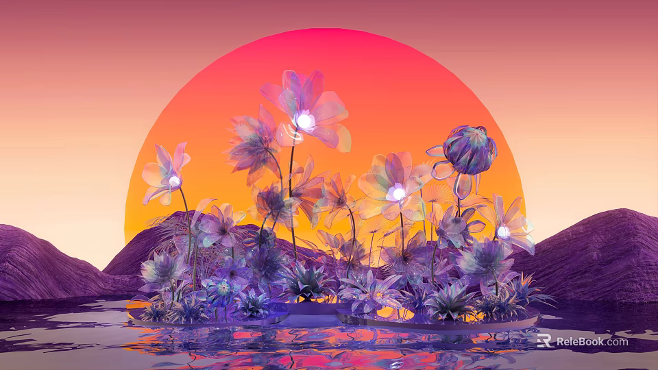 Purple Pink Glowing Flower Decorative Ornament Set With Sunset Background Water Reflection And Mountain Silhouette 3d model 