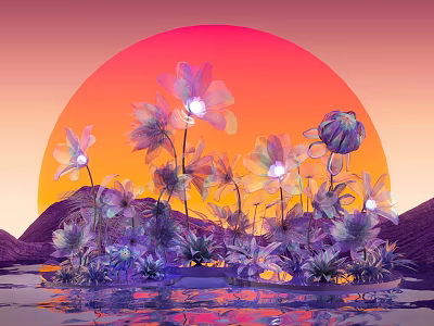 Purple Pink Glowing Flower Decorative Ornament Set With Sunset Background Water Reflection And Mountain Silhouette 3d model