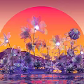 Purple Pink Glowing Flower Decorative Ornament Set With Sunset Background Water Reflection And Mountain Silhouette