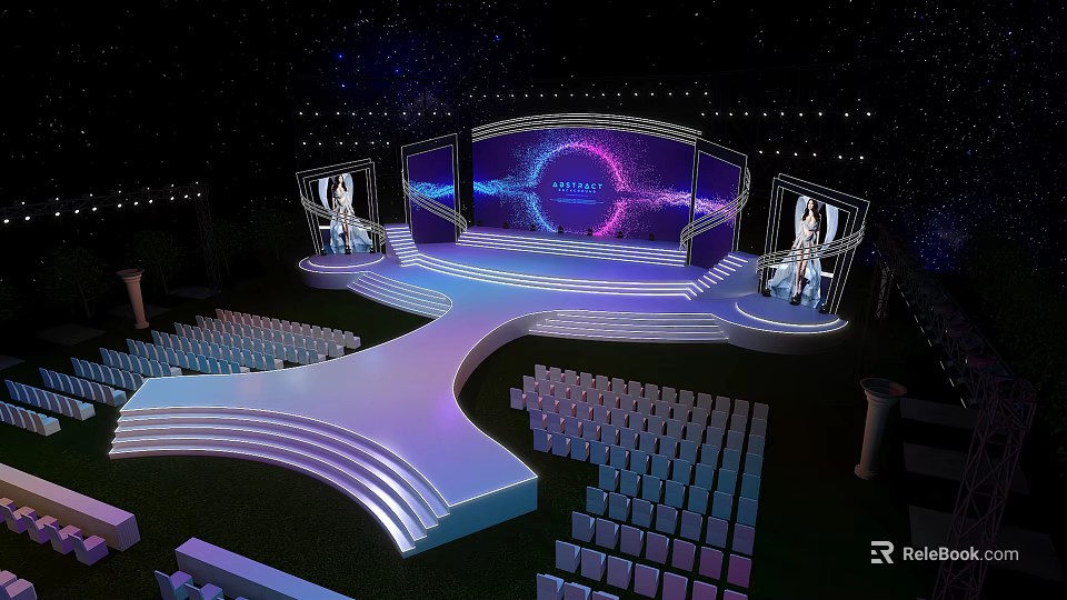 Garden Landscape With Outdoor Stage Curved Steps Audience Seats On Green Lawn Purple Lighting 3d model 