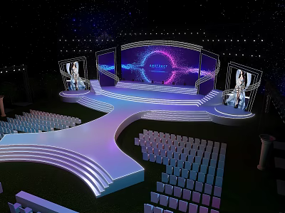 Garden Landscape With Outdoor Stage Curved Steps Audience Seats On Green Lawn Purple Lighting 3d model