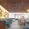 Elegant Restaurant Interior Design With Wooden Ceiling Colorful Lanterns Blue Seats Dining Tables And Paintings