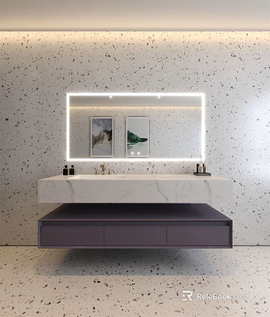 Modern Bathroom Vanity With Backlit Mirror Two Paintings Marble Countertop And Speckled Wall 3d model 